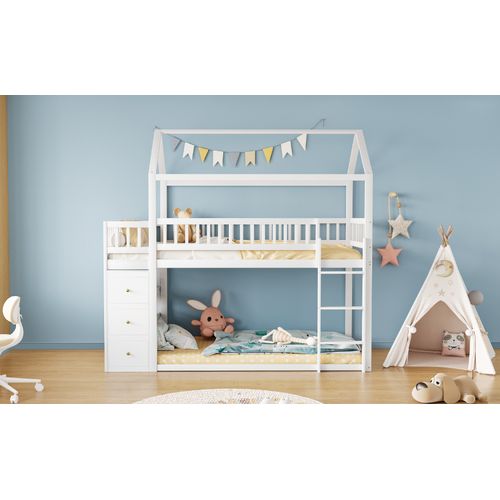 Lit Superposé 90x200cm, Forme Maison, Barre De Sécurité, Tiroirs Et Étagères, Blanc