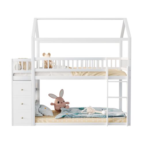 Lit Superposé 90x200cm, Forme Maison, Barre De Sécurité, Tiroirs Et Étagères, Blanc