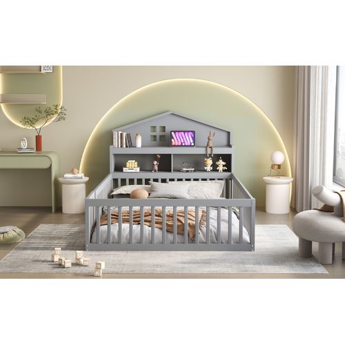 Lit Enfant 140 X 200 Cm En Bois Massif Avec Étagères, Barrière, Porte Et Sommier, Gris