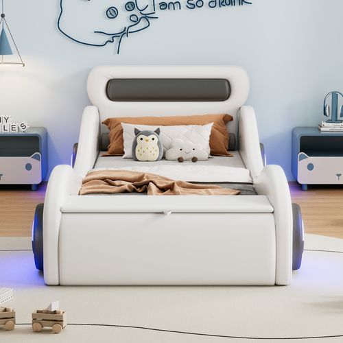 Lit Rembourré 90x200cm, Lit Enfant Avec Roues Lumineuses Et Rangement, ,pu Blanc