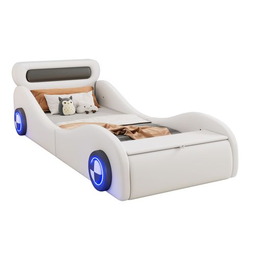 Lit Rembourré 90x200cm, Lit Enfant Avec Roues Lumineuses Et Rangement, ,pu Blanc