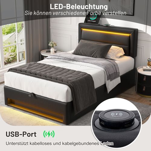 Lit Rembourré 90x190 Cm Avec USB, LED, Rangement, ,pu Noir, Sans Matelas