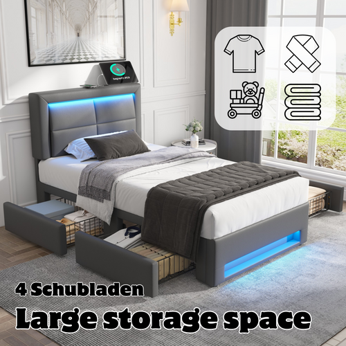 Lit Rembourré 90x190 Cm Avec USB, LED, 4 Tiroirs, ,pu Gris, Sans Matelas