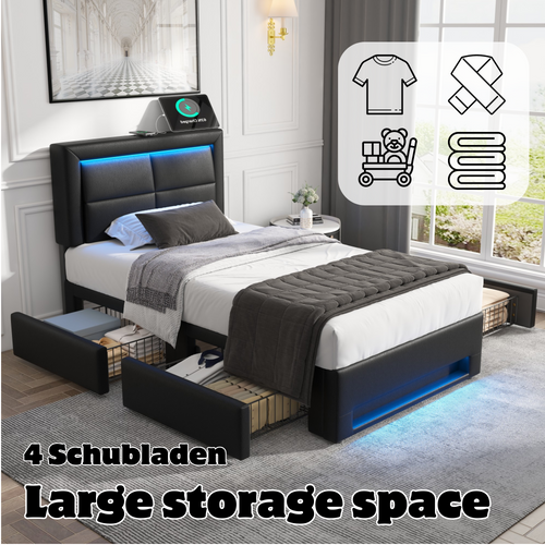 Lit Rembourré 90x200 Cm Avec USB, LED, 4 Tiroirs, ,pu Noir, Sans Matelas