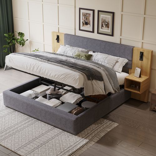 Lit Rembourré 180x200 Cm Avec USB, Éclairage, 2 Tables De Chevet, Velours Gris/nature