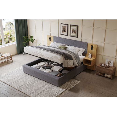 Lit Rembourré 180x200 Cm Avec USB, Éclairage, 2 Tables De Chevet, Velours Gris/nature