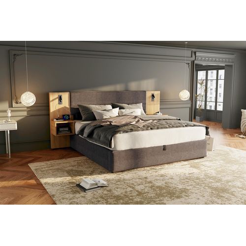 Lit Rembourré 180x200 Cm Avec USB, Éclairage, 2 Tables De Chevet, Velours Gris/nature