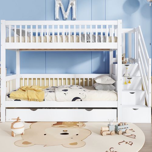 Lit Superposé, Lit Enfant, Lit Supplémentaire, Armoire, Garde-corps, Pin+mdf, Blanc, 90x200