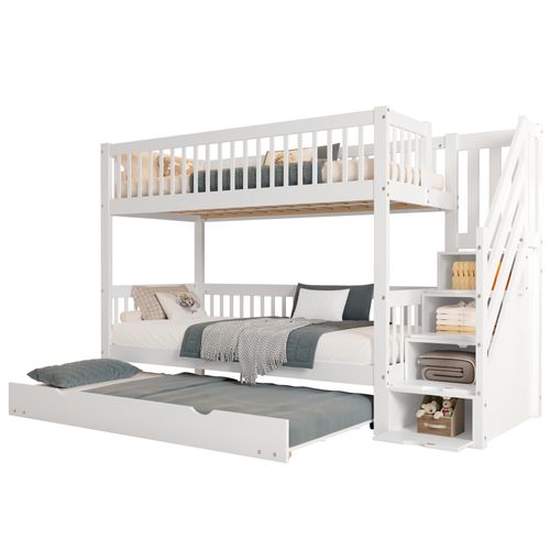 Lit Superposé, Lit Enfant, Lit Supplémentaire, Armoire, Garde-corps, Pin+mdf, Blanc, 90x200