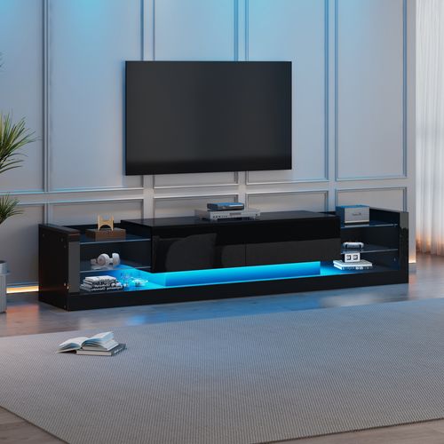 Meuble TV Laqué Avec LED Et Tiroirs Rabattables, 181 Cm Pour Écran Jusqu’à 70-79", Blanc