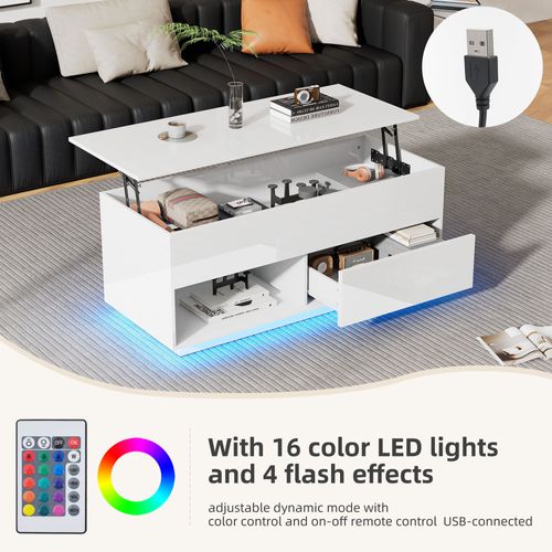Table Basse Laquée Avec Élévation, 100x50x55 Cm, LED, 1 Tiroir, Capacité 50 Kg, Blanc