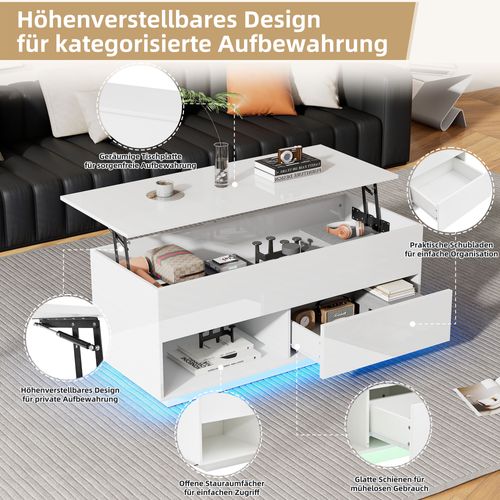 Table Basse Laquée Avec Élévation, 100x50x55 Cm, LED, 1 Tiroir, Capacité 50 Kg, Blanc