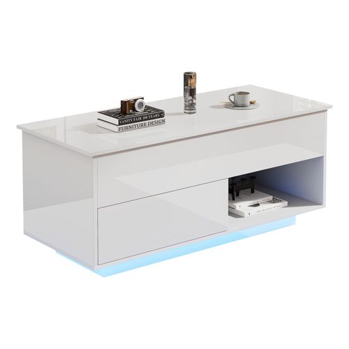 Table Basse Laquée Avec Élévation, 100x50x55 Cm, LED, 1 Tiroir, Capacité 50 Kg, Blanc