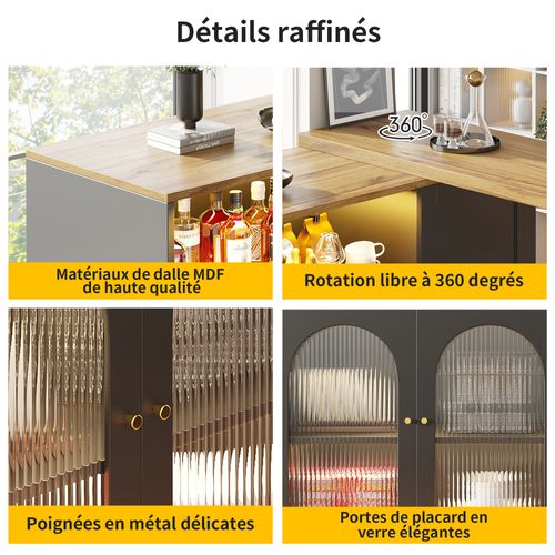 Table De Bar Rotative 360° 198x39,6x97 Cm, LED et Plateau Effet Bois, Noir Mat, Porte Vitrée, Noir