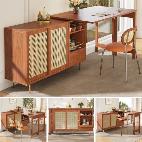 Table Debout Rotative 360° 107x40x71,4 Cm, Table Extensible Brune, Porte En Rotin, Marron