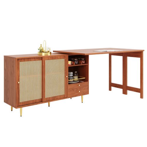 Table Debout Rotative 360° 107x40x71,4 Cm, Table Extensible Brune, Porte En Rotin, Marron