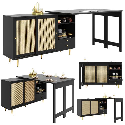 Table Haute Pivotante 360° 107x40x71,4 Cm, Table Extensible Noire, Porte En Rotin, Noir