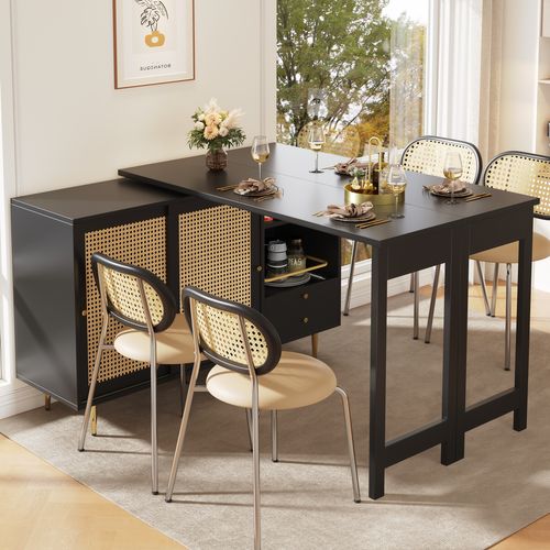 Table Haute Pivotante 360° 107x40x71,4 Cm, Table Extensible Noire, Porte En Rotin, Noir