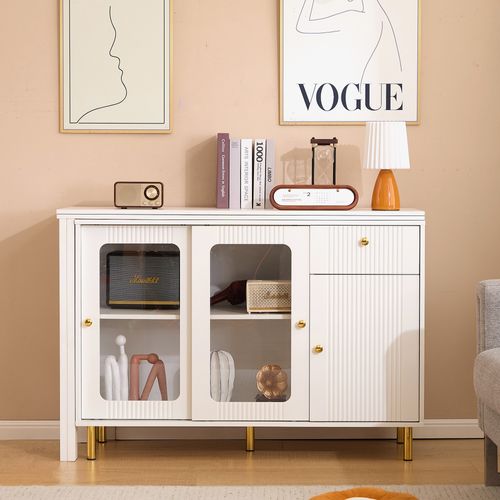 Buffet Blanc Moderne Avec Table Extensible, Pieds Métalliques Dorés, Portes En Verre, Design Vague