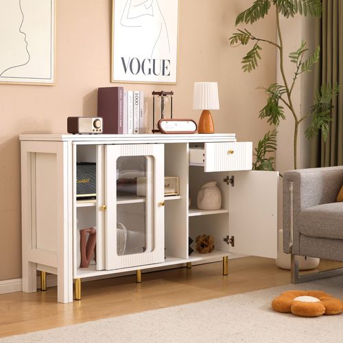 Buffet Blanc Moderne Avec Table Extensible, Pieds Métalliques Dorés, Portes En Verre, Design Vague