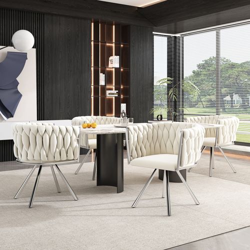 Set De 6 Chaises De Salle à Manger En Velours Pivotantes, Pieds En Métal Argenté, Beige + Argent