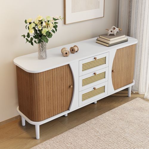Commode En Rotin Avec Tiroirs Et Portes Coulissantes, Meuble De Rangement Pour Salon
