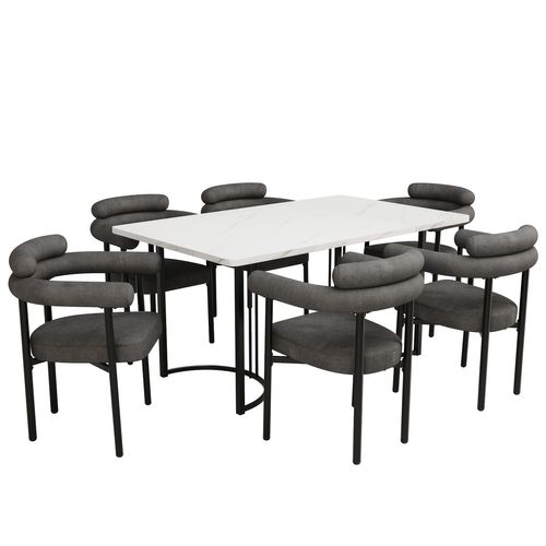 Ensemble Table Et Chaises (7 Pièces), Table Métal, 6 Fauteuils En Daim Gris, Confortable