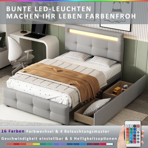 Lit Tapissé 90 X 200 Cm Avec LED, 2 Tiroirs, Revêtement En Lin Doux, Lit Simple Enfant, Gris