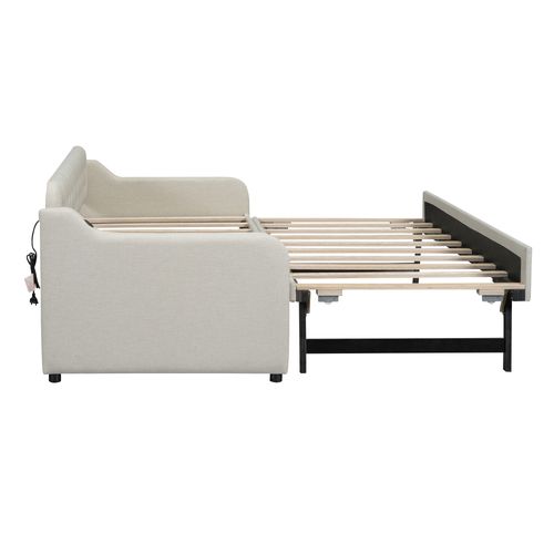 Lit Banquette 90 X 200 Cm Avec Lit Gigogne Extensible Et Port USB Intégré, Beige