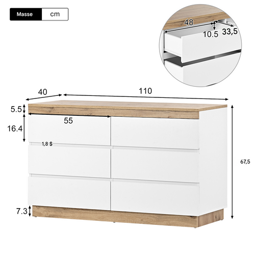 Commode 6 Tiroirs Avec Compartiment De Rangement, Pour Chambre Ou Salon, Style Chêne Et Blanc