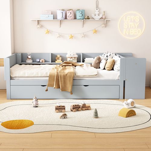 Lit Plat, 90 X 200 Cm, Avec Lit Extractible, Bureau Et 3 Étagères Latérales, Gris