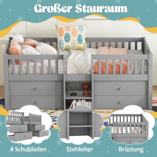 Lit Mi-hauteur, 90 X 200 Cm, 4 Tiroirs, Avec Garde-corps Et Échelle, Gris