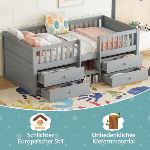 Lit Mi-hauteur, 90 X 200 Cm, 4 Tiroirs, Avec Garde-corps Et Échelle, Gris