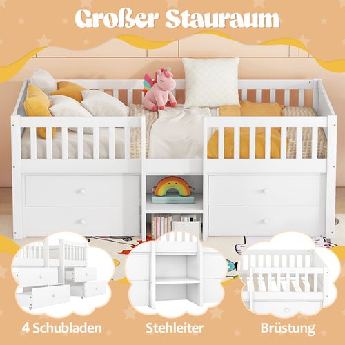 Lit Mi-hauteur, 90 X 200 Cm, 4 Tiroirs, Avec Garde-corps Et Échelle, Blanc