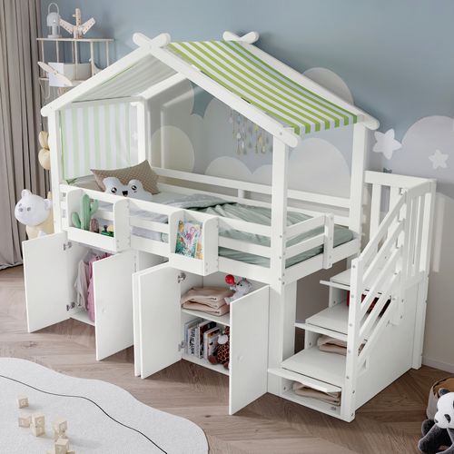 Lit Superposé Enfant, Garde-corps, Armoire, 3 Casiers Dans Échelle, Tissu Rayé, Blanc+vert, 90x200cm