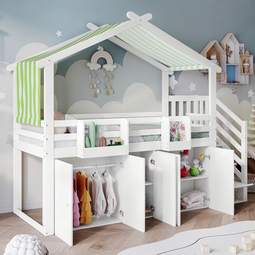 Lit Superposé Enfant, Garde-corps, Armoire, 3 Casiers Dans Échelle, Tissu Rayé, Blanc+vert, 90x200cm