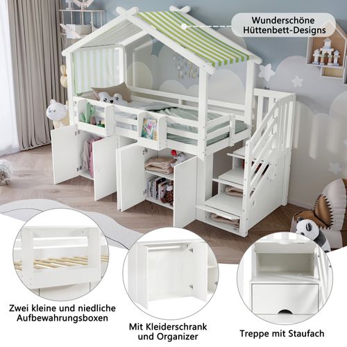 Lit Superposé Enfant, Garde-corps, Armoire, 3 Casiers Dans Échelle, Tissu Rayé, Blanc+vert, 90x200cm