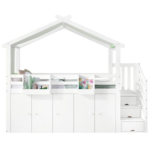 Lit Superposé Enfant, Garde-corps, Armoire, 3 Casiers Dans Échelle, Tissu Rayé, Blanc+vert, 90x200cm