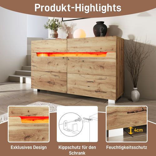 Commode En Bois Avec 6 Tiroirs Et LED (contrôle Par Application), Pour Salon Ou Chambre, Chêne