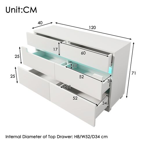Commode En Bois Avec 6 Tiroirs Et LED (contrôle Par Application), Pour Salon Ou Chambre, Blanc