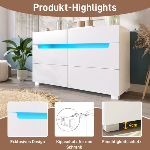 Commode En Bois Avec 6 Tiroirs Et LED (contrôle Par Application), Pour Salon Ou Chambre, Blanc