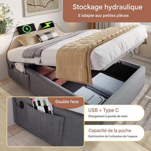 Lit Simple Coffre 90x200 Cm En Tissu Gris Avec USB-c Sans Tête De Lit, Lattenrost Complet
