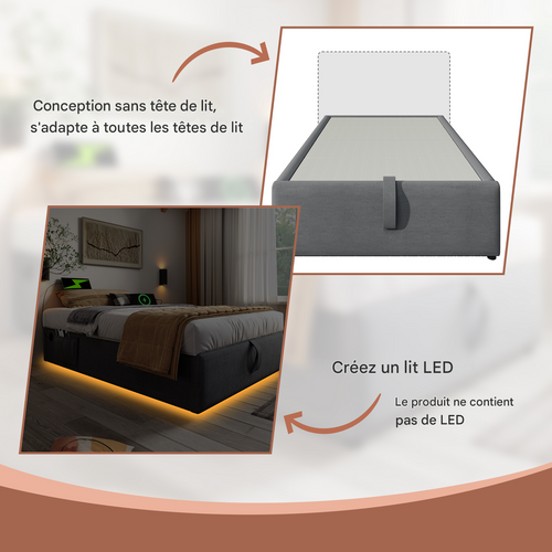 Lit Simple Coffre 90x200 Cm En Tissu Gris Avec USB-c Sans Tête De Lit, Lattenrost Complet