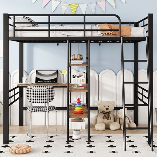 Hochbett 90x200cm, Sans Matelas, Lit Avec Bureau, Étagères, Barreaux, Échelle, Cadre Métal, Noir