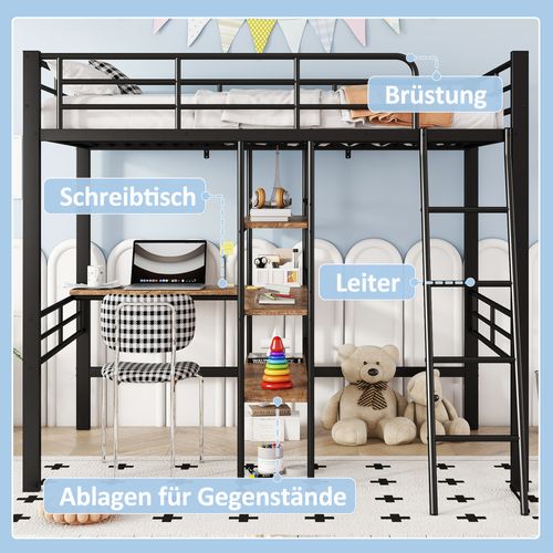 Hochbett 90x200cm, Sans Matelas, Lit Avec Bureau, Étagères, Barreaux, Échelle, Cadre Métal, Noir