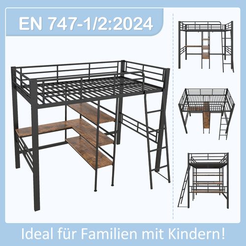 Hochbett 90x200cm, Sans Matelas, Lit Avec Bureau, Étagères, Barreaux, Échelle, Cadre Métal, Noir