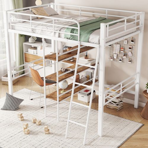 Hochbett 90x200cm, Sans Matelas, Lit Avec Bureau, Étagères, Barreaux, Échelle, Cadre Métal, Blanc