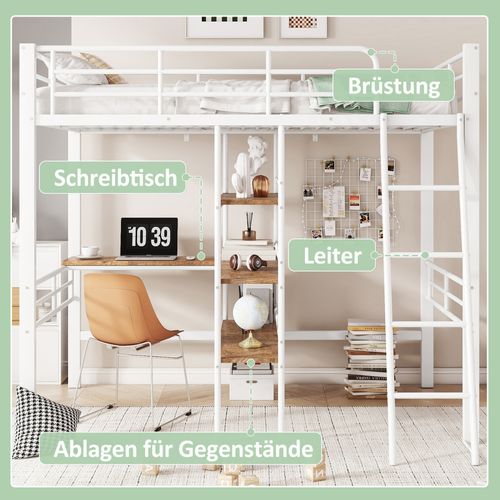 Hochbett 90x200cm, Sans Matelas, Lit Avec Bureau, Étagères, Barreaux, Échelle, Cadre Métal, Blanc