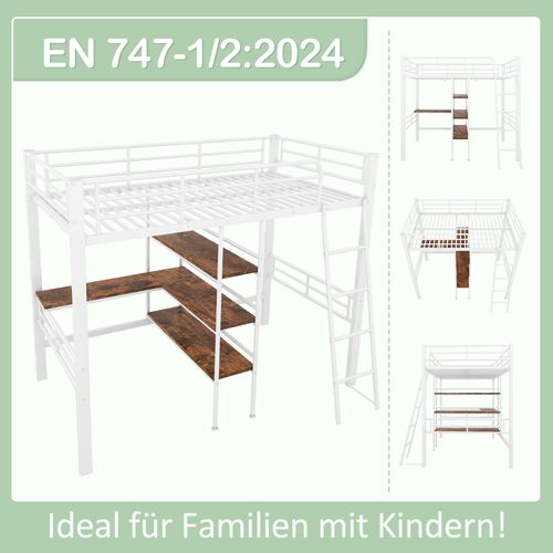 Hochbett 90x200cm, Sans Matelas, Lit Avec Bureau, Étagères, Barreaux, Échelle, Cadre Métal, Blanc