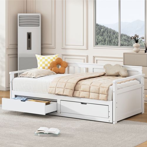 Lit Banquette Multifonction 90 (180) X 190 Cm En Pin Avec Tiroirs Et Lit Gigogne, Blanc